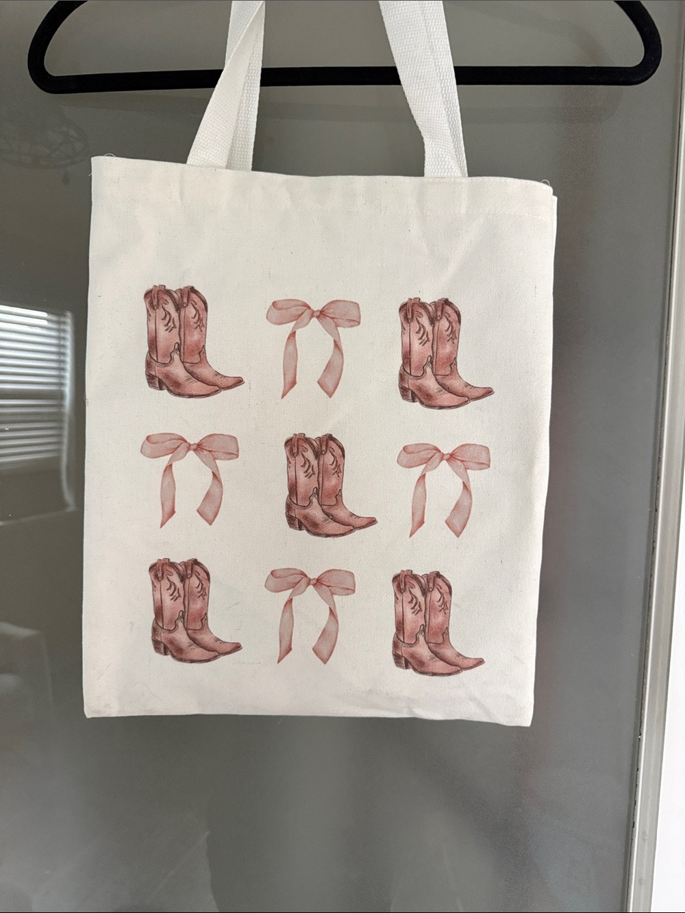 Cream Canvas Tote with Pink Cowboy Boots & Bows